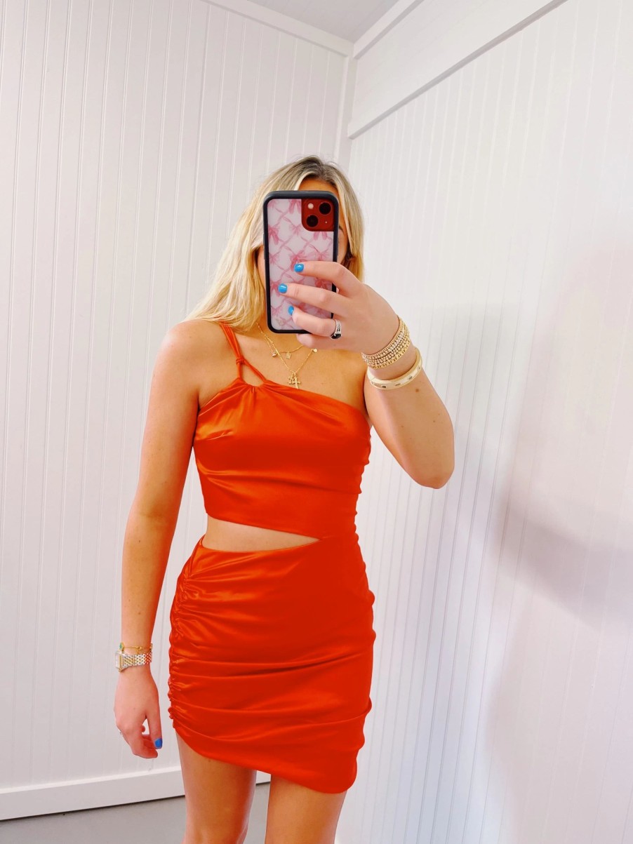 * Short Dresses | Let'S Meet Satin One Shoulder Dress Orange