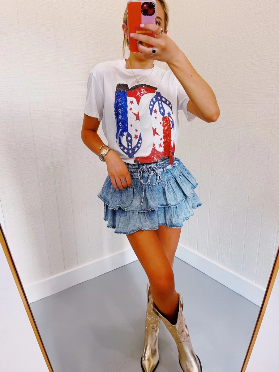 * Printed Tops | Queen Of Sparkles Usa Sequin Boot Tee