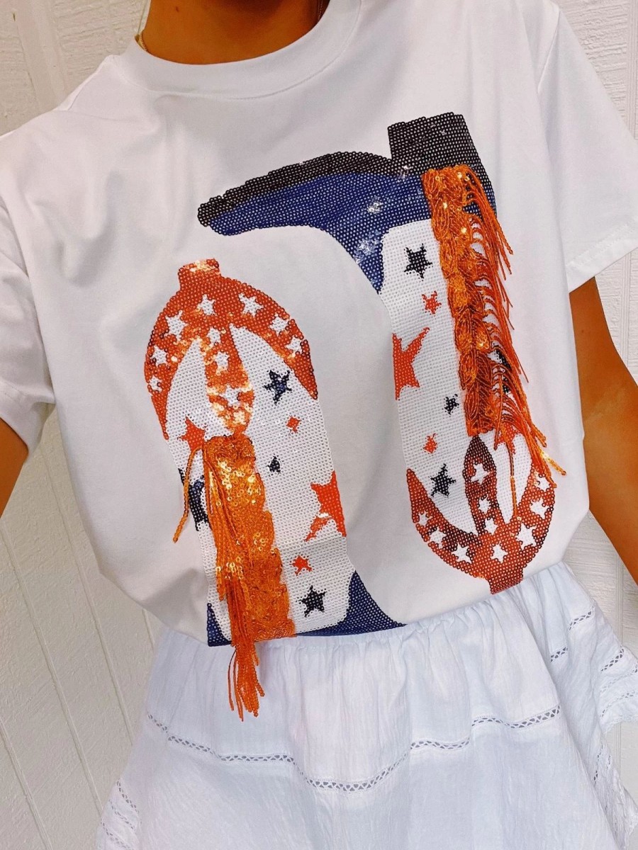 * Printed Tops | Queen Of Sparkles Orange/Blue Sequin Boot Tee