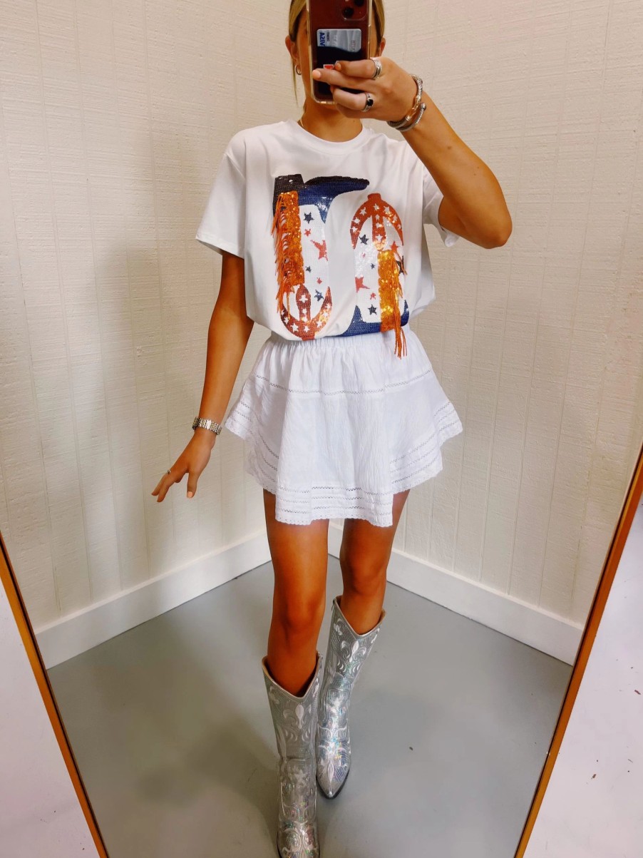 * Printed Tops | Queen Of Sparkles Orange/Blue Sequin Boot Tee