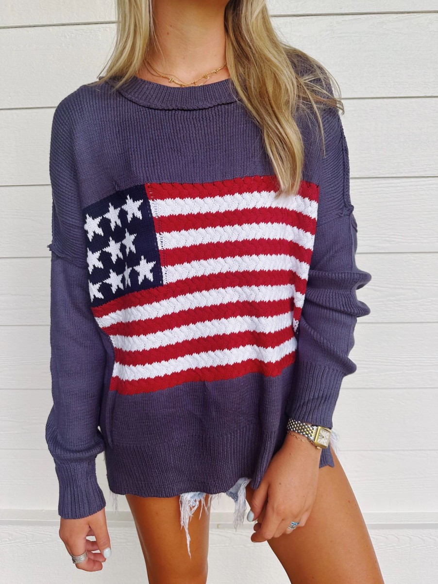 * Sweaters | American Flag Lightweight Sweater Grey Blue