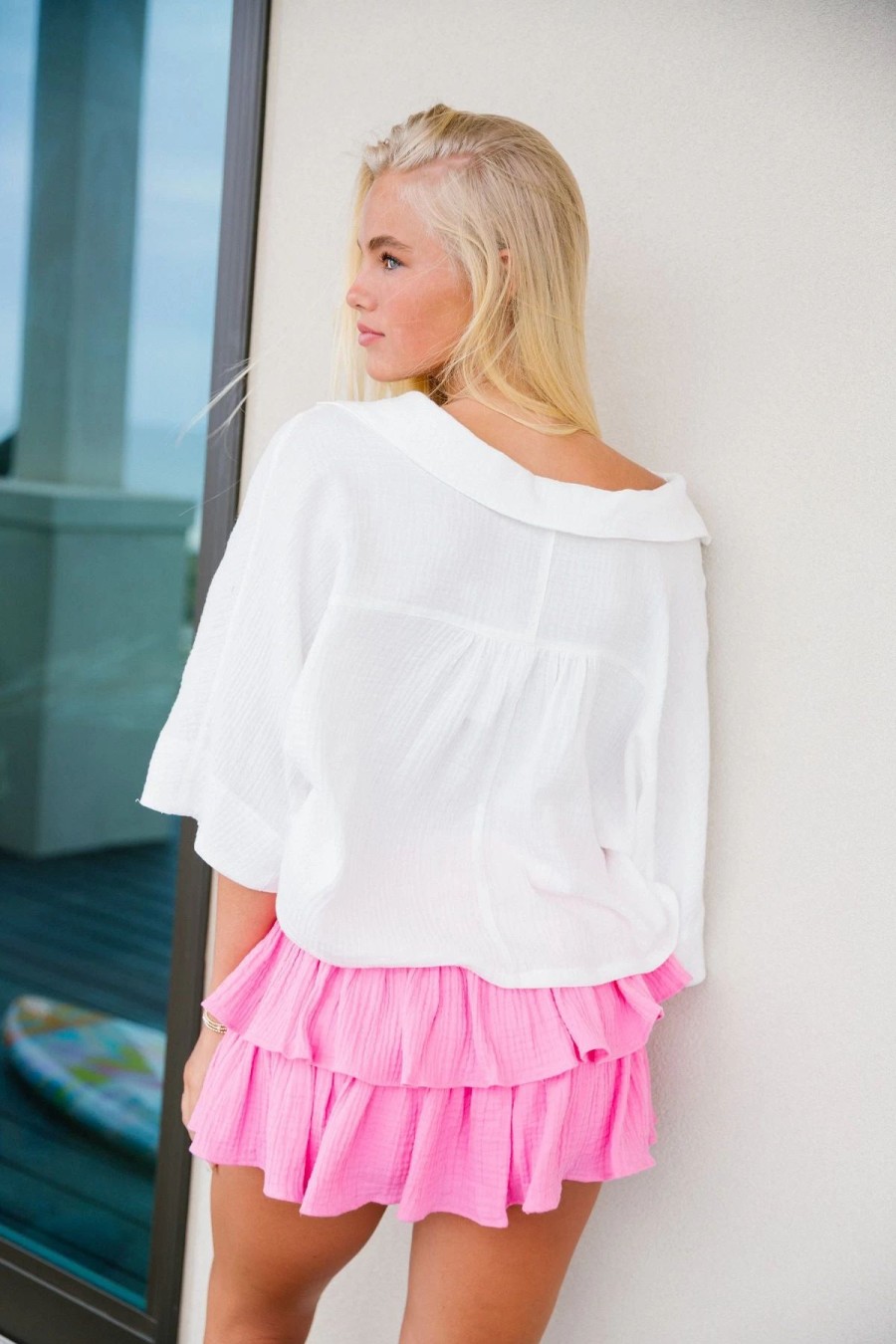 * Solid Tops | Flounce Gauze Top Off White