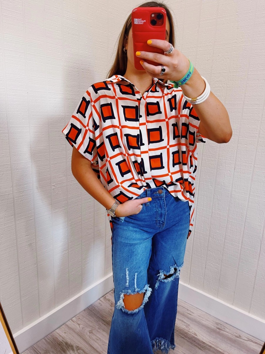 * Printed Tops | Geo Girl Top Orange/Navy