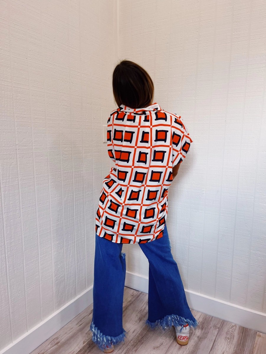 * Printed Tops | Geo Girl Top Orange/Navy