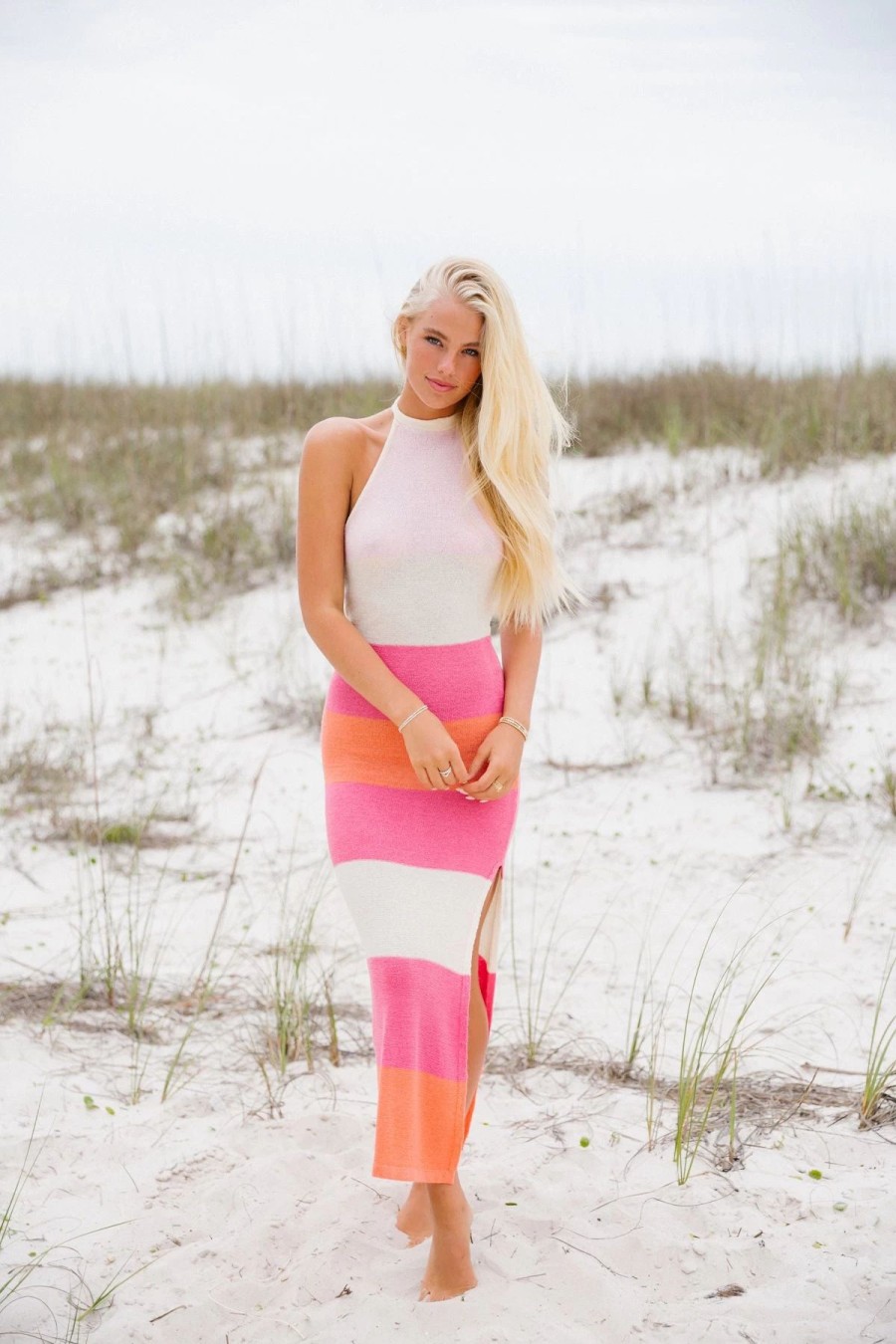 * Maxi + Midi Dresses | Landon Striped Colorblock Midi Dress Pink