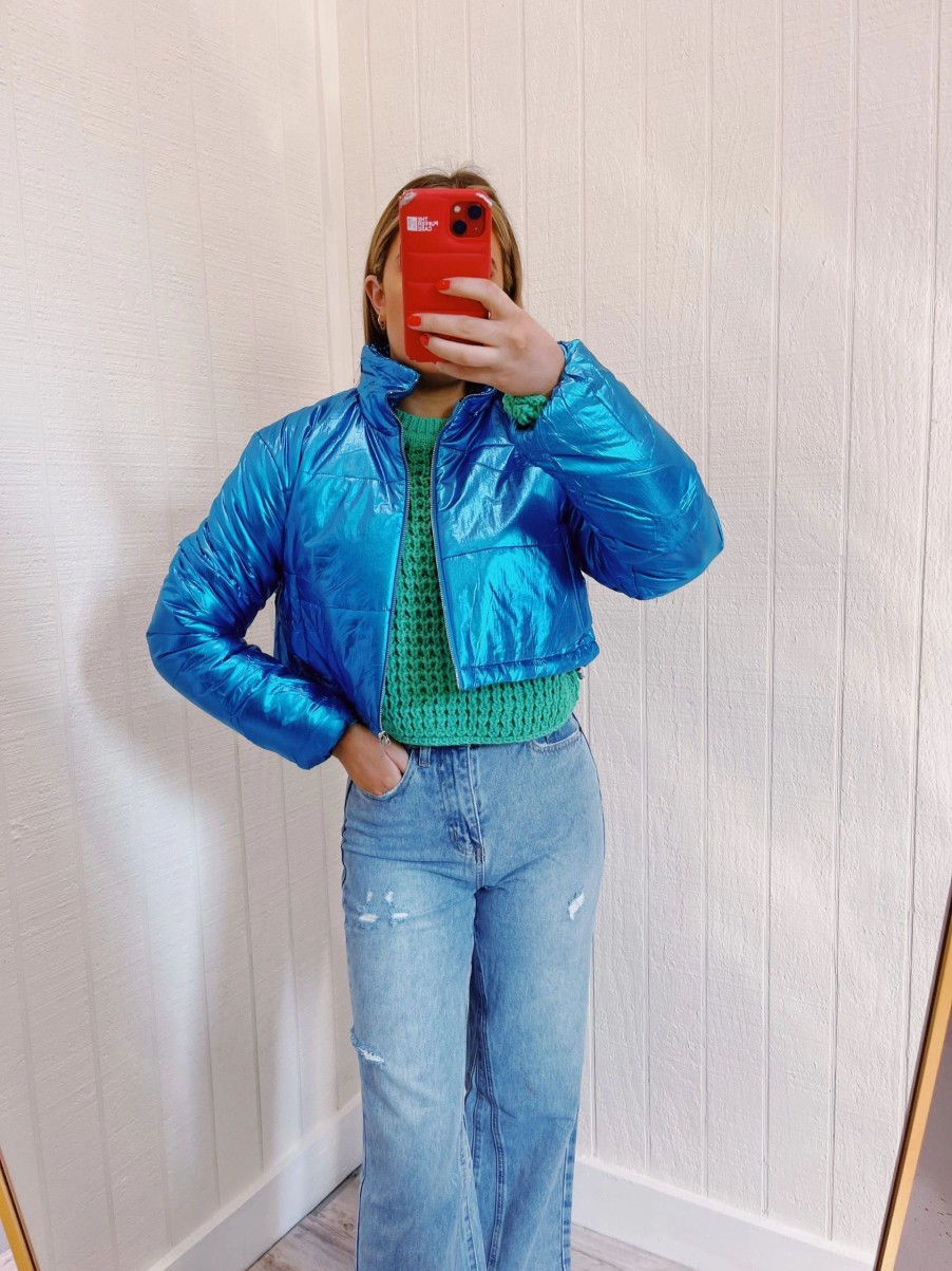 * Outerwear | Pippa Puffer Cropped Bomber Jacket Metallic Blue