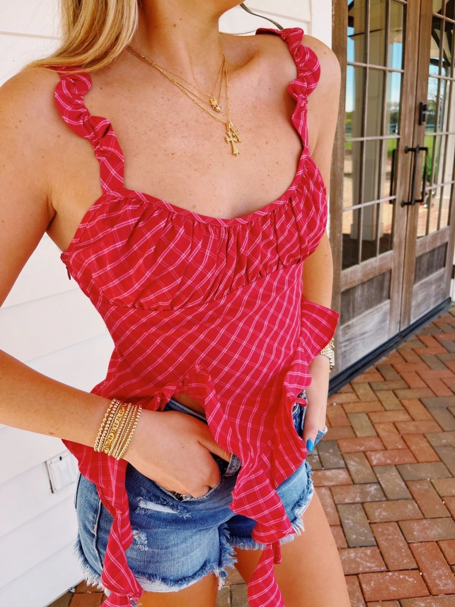 * Sleeveless Tops | Plaid Wavy Strap Top Fuchsia