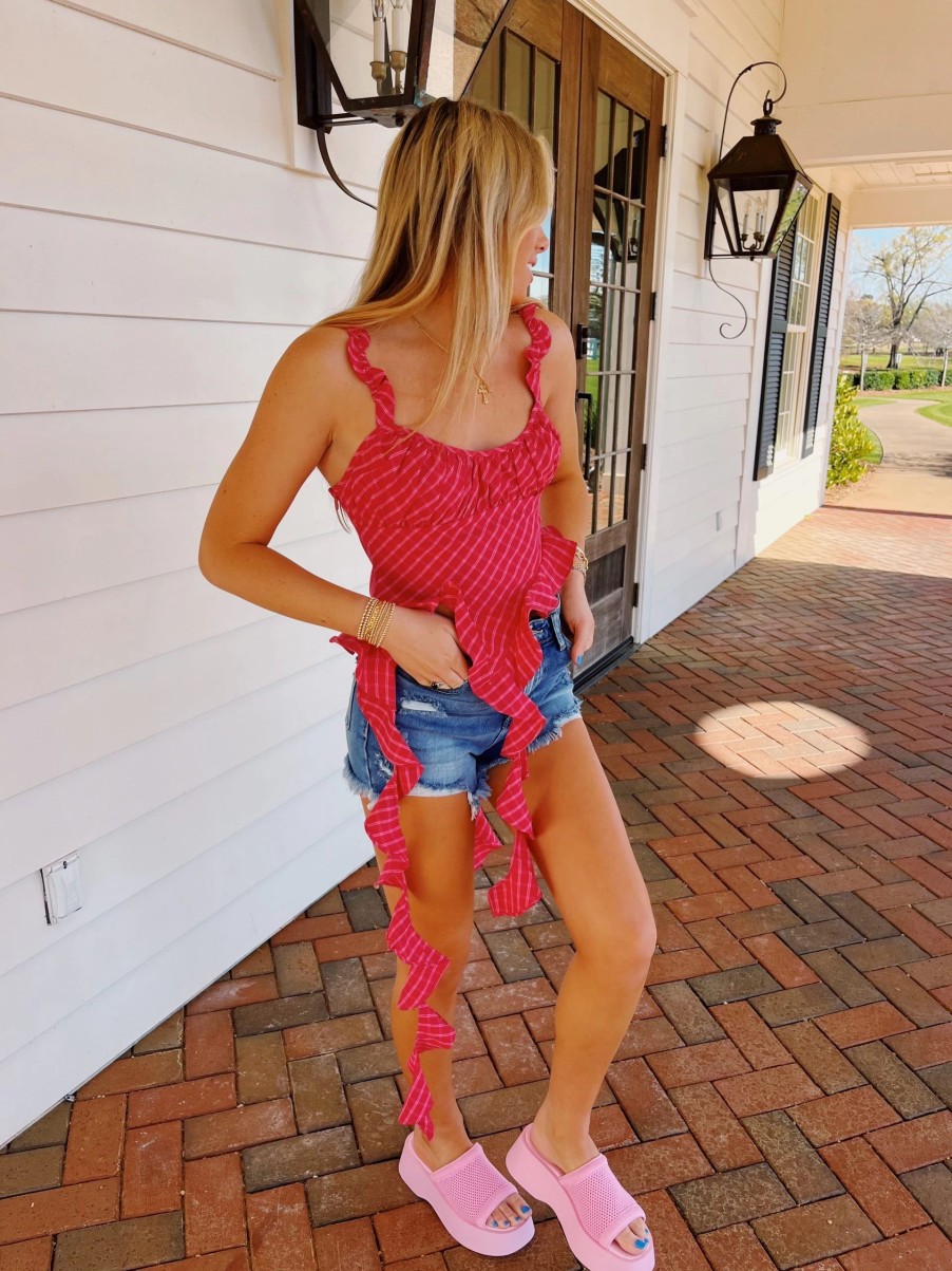 * Sleeveless Tops | Plaid Wavy Strap Top Fuchsia