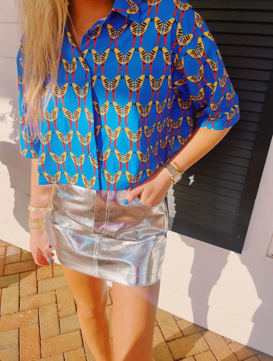 * Printed Tops | Tropical Birds Cropped Button Down Shirt Blue