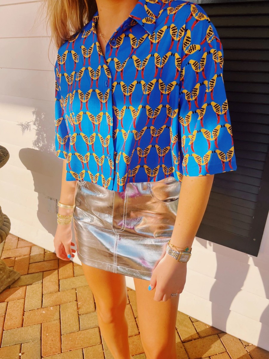 * Printed Tops | Tropical Birds Cropped Button Down Shirt Blue