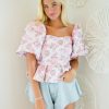 * Printed Tops | Roses Puff Sleeve Peplum Top Pink