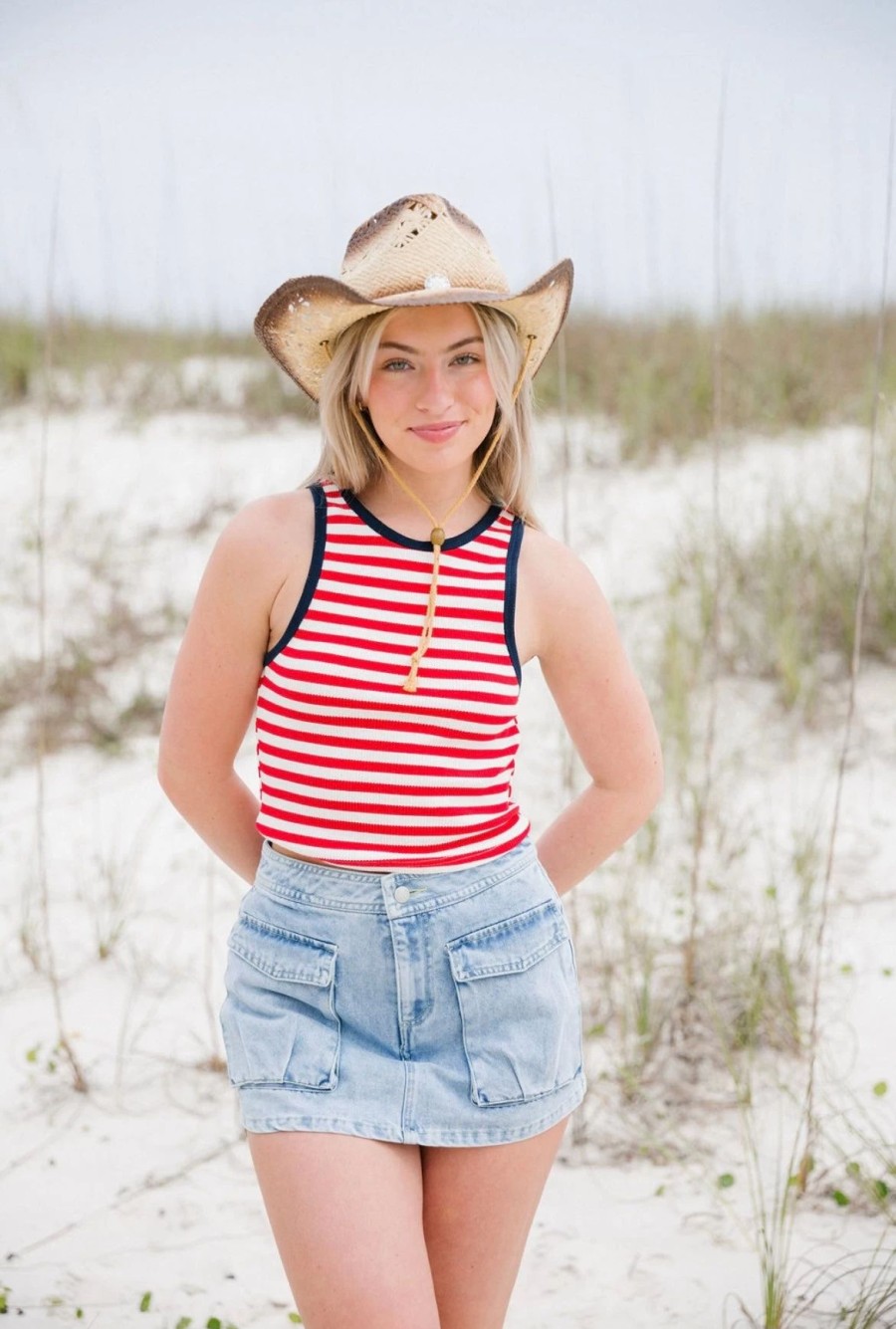 * Sleeveless Tops | Red White And Blue Stripe Tank Top