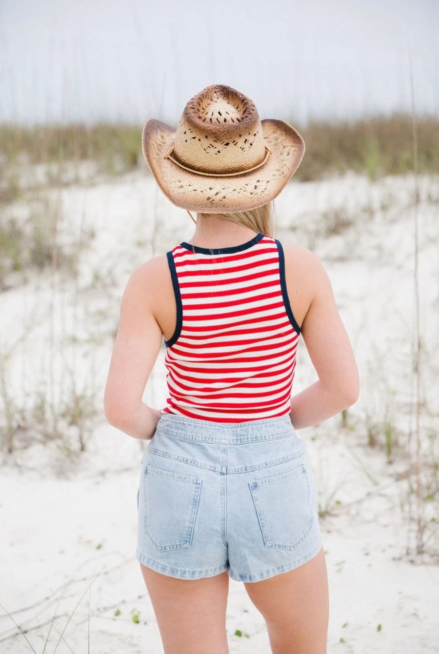 * Sleeveless Tops | Red White And Blue Stripe Tank Top