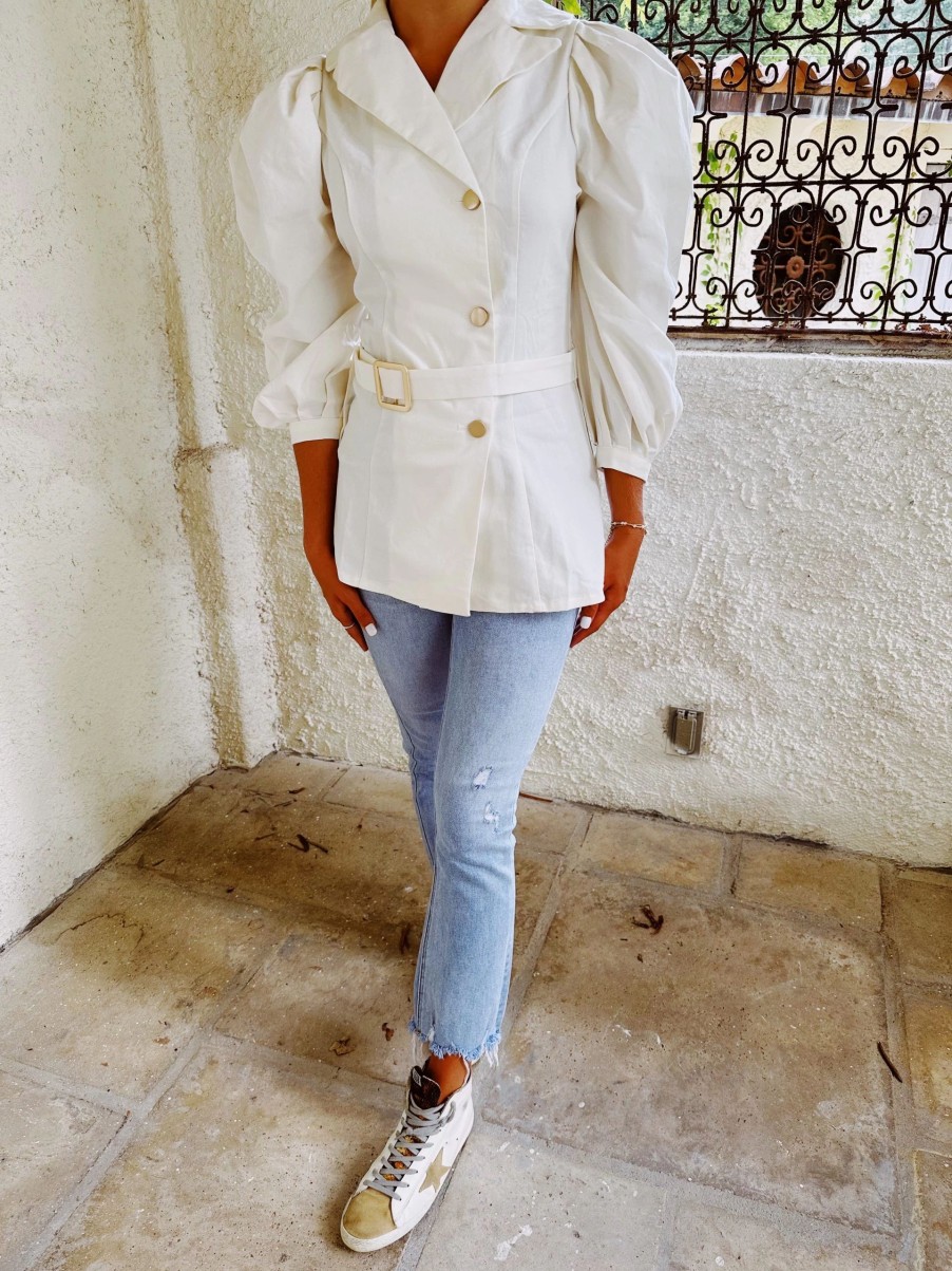 * Outerwear | Glam It Up Puff Sleeve Blazer Off White